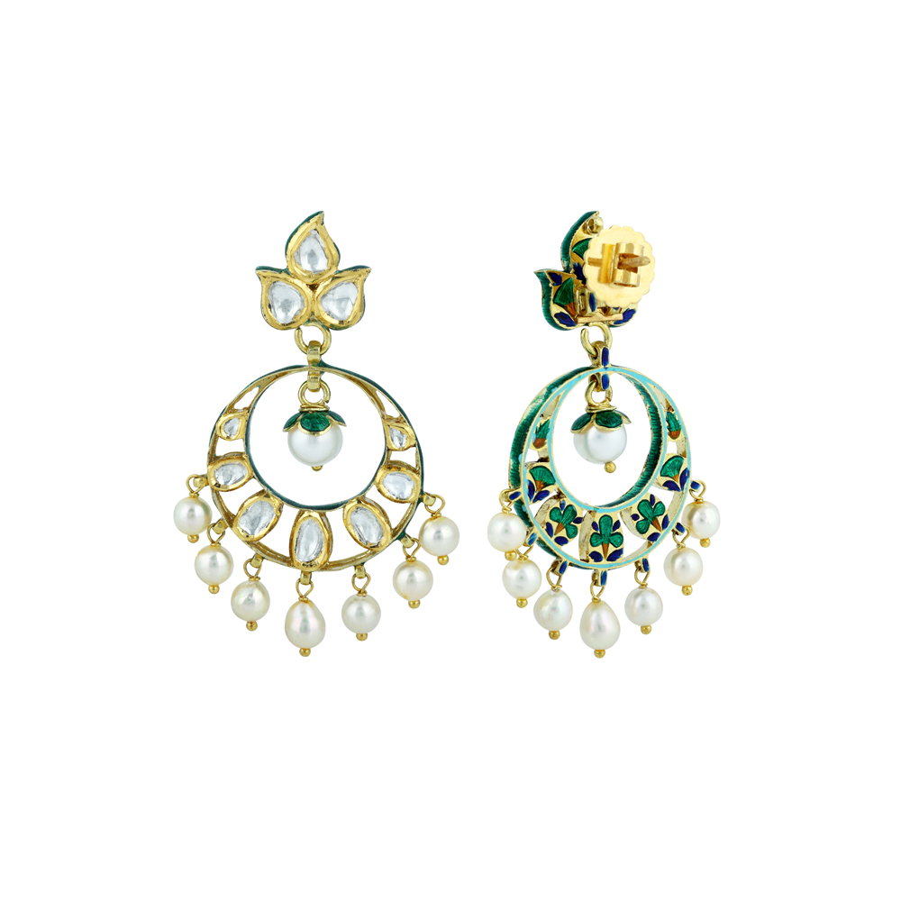 Polki Chandbali Earrings with Petal Studs and Pearl Drops